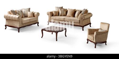 Modern furniture set and coffee table isolated on white background Stock Photo