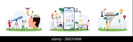 Marketing data analysis and sorting set. Tiny people make money with funnel conversion of light bulbs into coins, search optimization strategy, sort visual information cartoon vector illustration Stock Vector