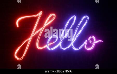 Glowing “Hello” Neon Script on Brick Wall Stock Photo