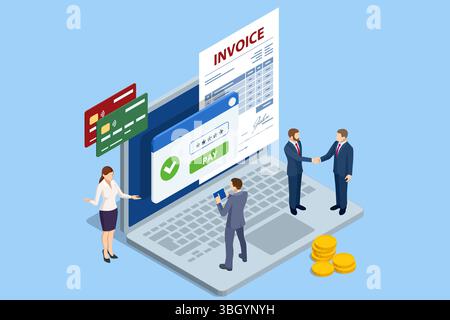Isometric online invoice payment. A laptop shows a bill and a PAY button with a checkmark. Credit cards and stacked coins are also visible Stock Vector