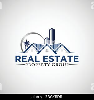 Real Estate Property Group Logo - Modern House, Skyline & Palm Tree Branding Stock Vector