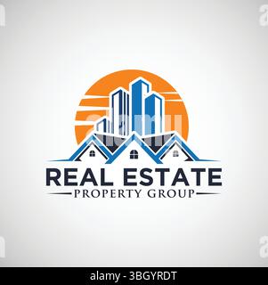 Real Estate Property Group Logo - Modern House, City & Sun Branding Stock Vector