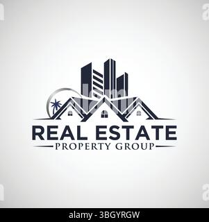 Modern Real Estate Group Logo - City Skyline & Palm Tree Branding Stock Vector
