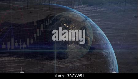 Displaying translucent Earth globe hovering in space, with candlestick charts and binary code Stock Photo