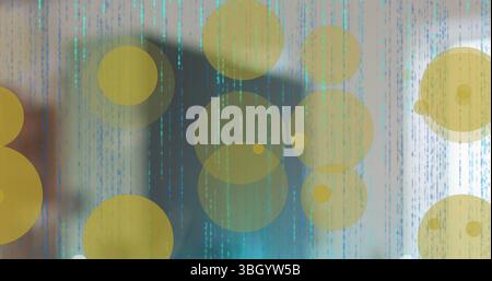Cascading coded lines and translucent yellow circles creating data display, with blurred rectangle Stock Photo