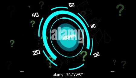 Image of question marks over scope scanning with data processing on black background Stock Photo