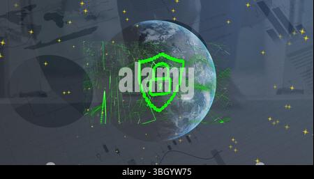 Image of globe, connections and digital padlock over financial graphs Stock Photo