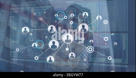Image of connections, data processing on digital screen and hand of man using touchscreen Stock Photo