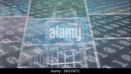 Image of numbers, screens, globe and binary code Stock Photo