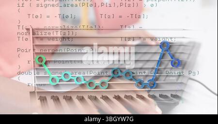 Image of statistical data processing over mid section of a kid using computer at school Stock Photo