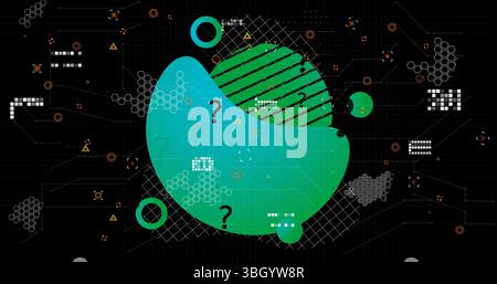Image of shapes with question marks over data processing on black background Stock Photo