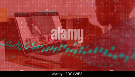 Image of graphs and binary code over african american boy having online lessons on laptop Stock Photo