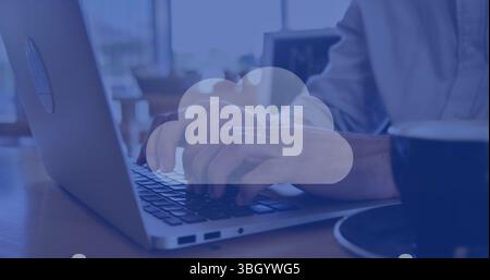 Image of clouds with shapes over hands using laptop Stock Photo