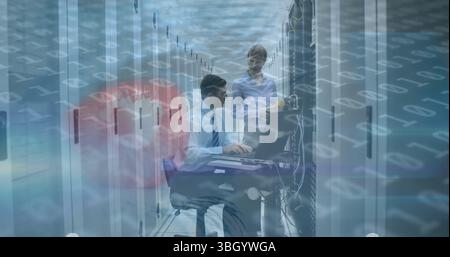 Image of binary code and eye scanning over caucasian men checking servers Stock Photo