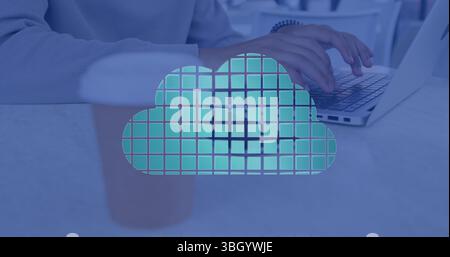 Image of clouds with shapes over hands using laptop Stock Photo