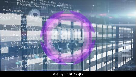Image of purple circle moving against digital interface with programming codes and graphs Stock Photo