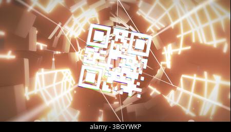 Image of digital neon qr code flickering over tunnel with blocks in background Stock Photo