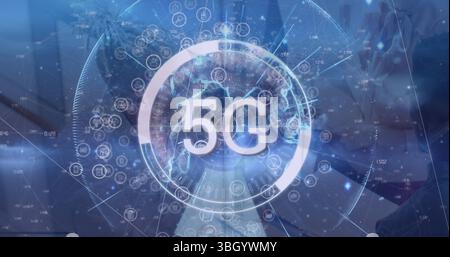 Tapping business shirt hands activating smartphone on office desk, with holographic 5G globe Stock Photo