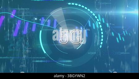 Digital image of 5g text in circular graphical scanner over moving candlestick chart graph Stock Photo