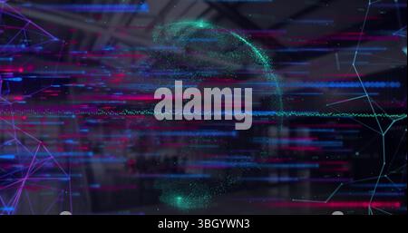 Image of pink and blue lines over graphs and globe Stock Photo