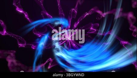 Image of spiral of blue light over purple smoke on black background Stock Photo