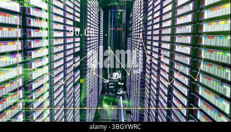 Image of graphs and numbers over servers Stock Photo