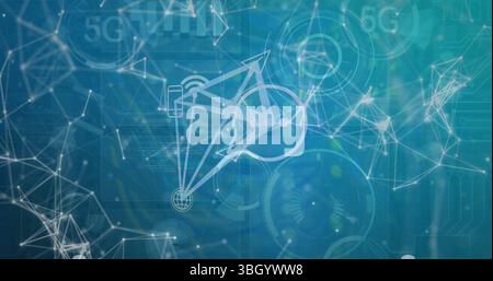 Image of computer icons and dots interconnecting with lines and circles with 5g text Stock Photo