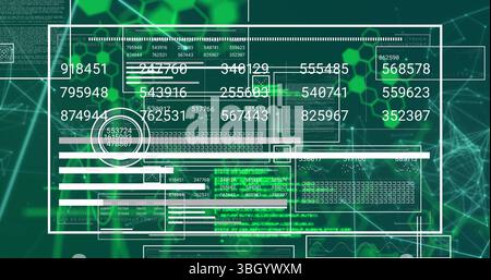 Digital image of interface with changing numbers and graphs over computer language Stock Photo
