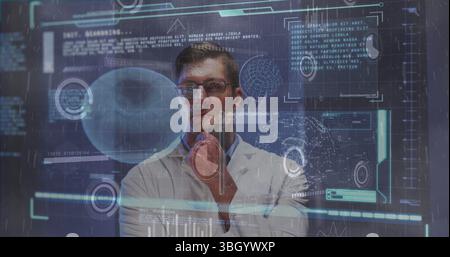Image of graphical interface with moving coding and charts over thoughtful caucasian doctor Stock Photo