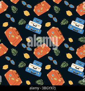 Colorful summer vacation travel stickers pattern with suitcases and sunglasses. Stock Vector