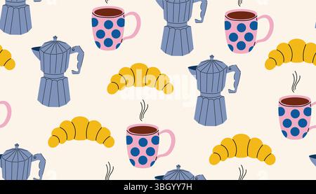 Seamless pattern with moka pots, croissants, and steaming coffee mugs in flat cartoon style. A cozy breakfast design perfect for kitchen decor, fabric Stock Vector