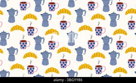 Repeating cartoon pattern of coffee makers, croissants, and hot mugs on soft background. A warm, inviting design for morning lovers, ideal for textile Stock Vector