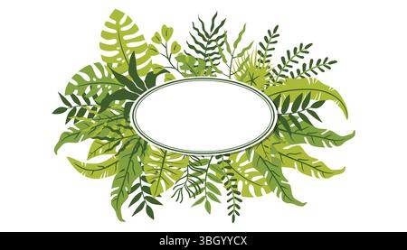 Circular green frame with palm and monstera leaves in flat cartoon style. A fresh tropical border perfect for summer posters, beach party designs, or Stock Vector