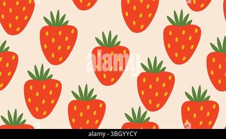 Decorative seamless repeat with red strawberries. Cute and bright, this flat cartoon design adds charm to any project, from invites and banners to kid Stock Vector