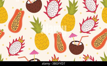 Colorful repeating pattern with cartoon pineapples, papayas, coconuts, and dragon fruits in a tropical summer vibe. Fun and juicy design perfect for w Stock Vector