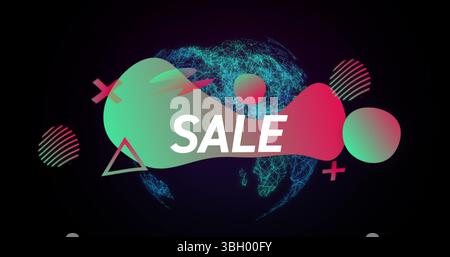Showing green-pink gradient blob overlaying globe in neon backdrop, featuring white SALE text Stock Photo