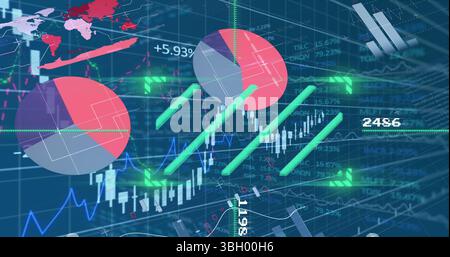 Digital image of various graphical charts moving over trading board Stock Photo