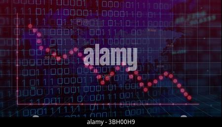 Image of graphs and binary code over violet background Stock Photo