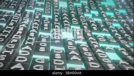 Image of glowing light trails over rows of green letters sequencing moving in background Stock Photo