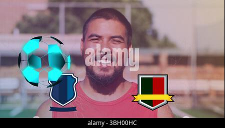 Image of neon soccer ball over team symbols and happy caucasian man Stock Photo