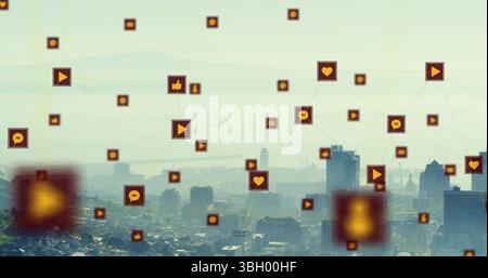 Image of tech icons floating over cityscape Stock Photo