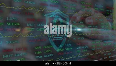Image of financial data and digital padlock over hands of caucasian man using smartphone Stock Photo