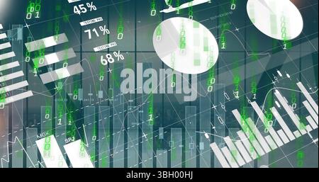 Showing interface over misty skyline with bar line pie charts percentages TESTING PR2 binary digits Stock Photo