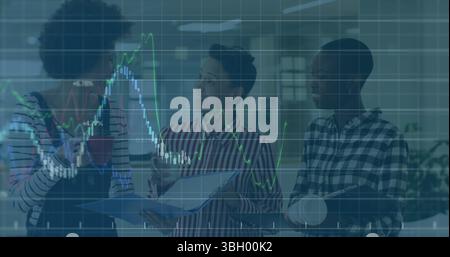 Image of graph data moving over multiracial colleagues discussing while having coffee in office Stock Photo