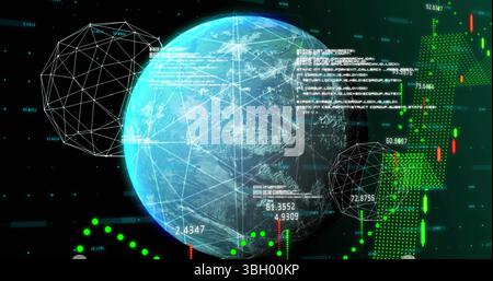 Image of data, graphs and globe on black background Stock Photo