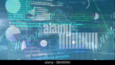 Image of graphs, data and data processing on blue background Stock Photo