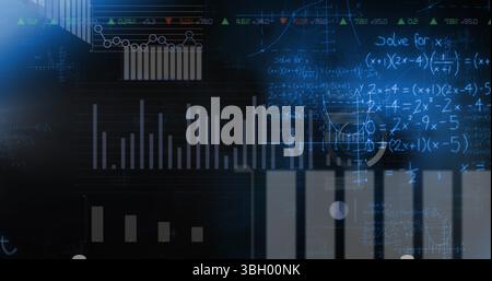 Image of digital multiple graphs, chart, data moving with mathematical formulas Stock Photo