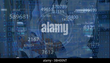 Image of digital binary codes with counter moving against doctor working in hospital Stock Photo