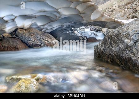 The beautiful view of frozen glacier and Kaznok river neat to Zmeya peak in Fann mountains in Tajikistan Stock Photo