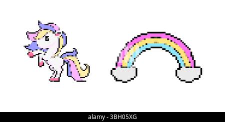 Mosaic pixel unicorn with rainbow icon in retro style design Stock Vector